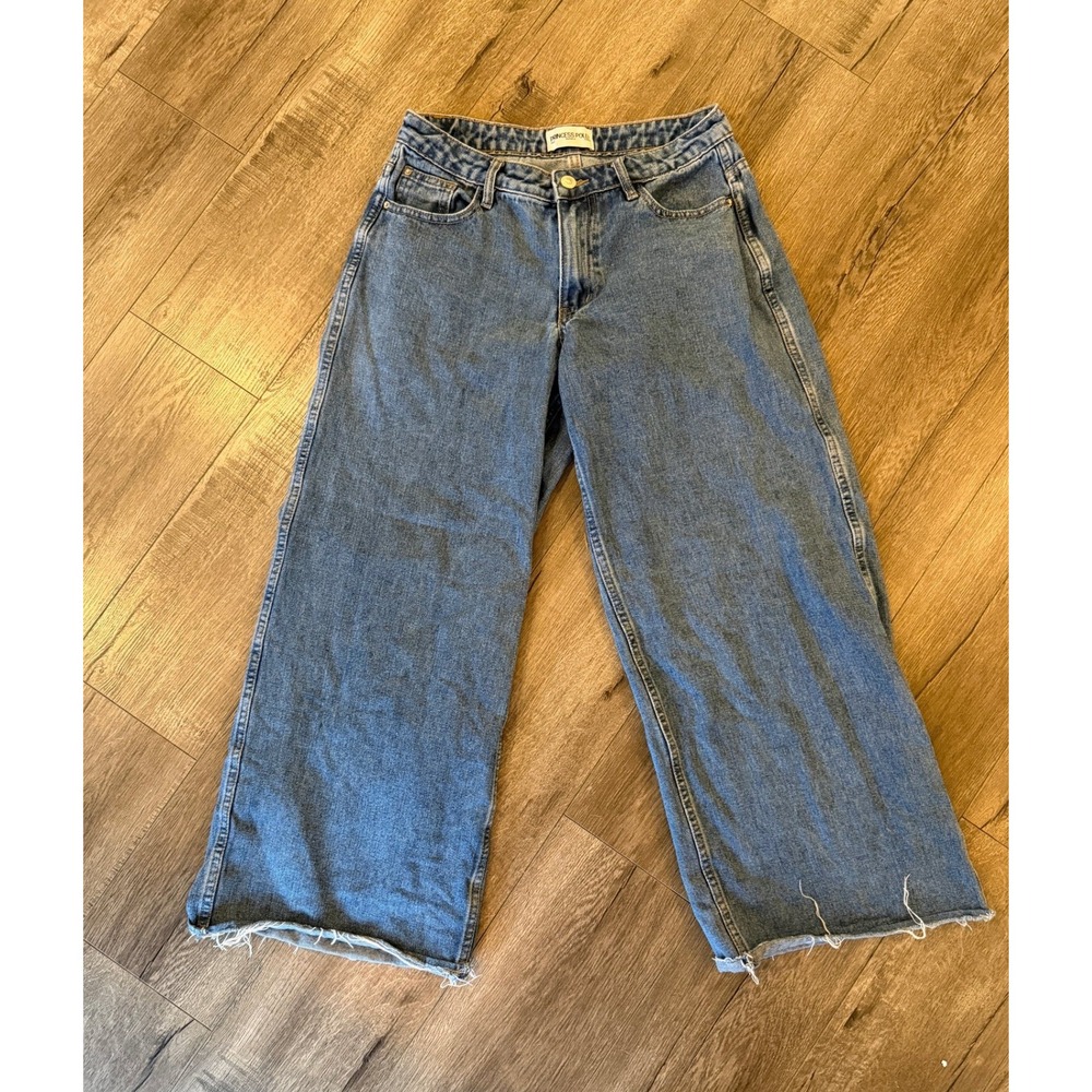 Princess Polly Wide Leg Jeans Distressed Raw Hem Blue Denim Size US 2